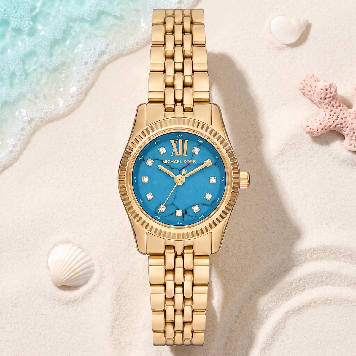 Montre Michael Kors Petite Lexington Bleu Tiffany 26 mm, cadran turquoise, bracelet doré – TIJD&CO