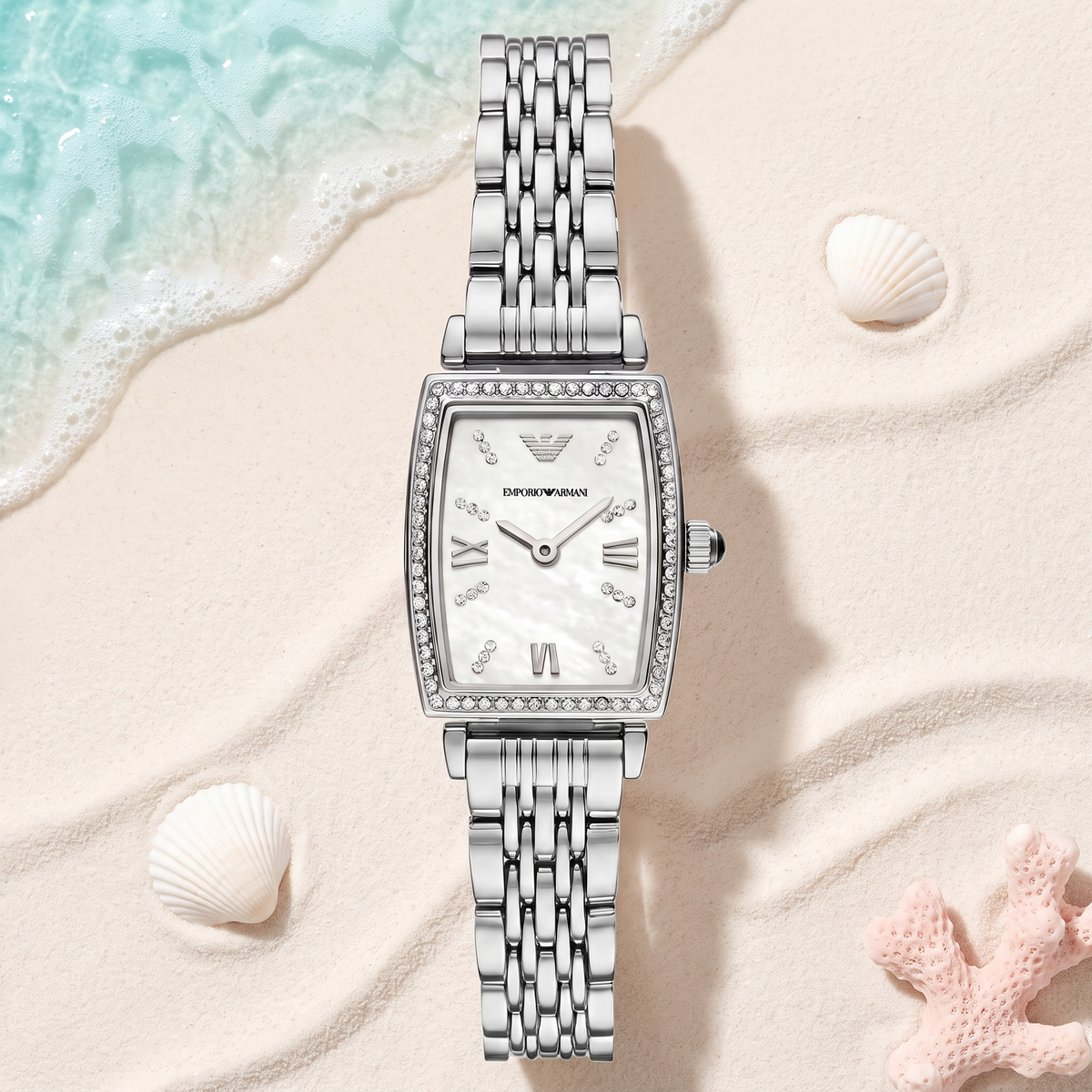 Montre Emporio Armani Diamond Silver, cadran argenté lumineux, bracelet acier, TIJD&CO