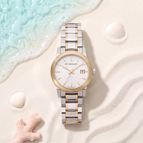 Montre Burberry The City Mini Bicolore, cadran check, bracelet or et acier, TIJD&CO