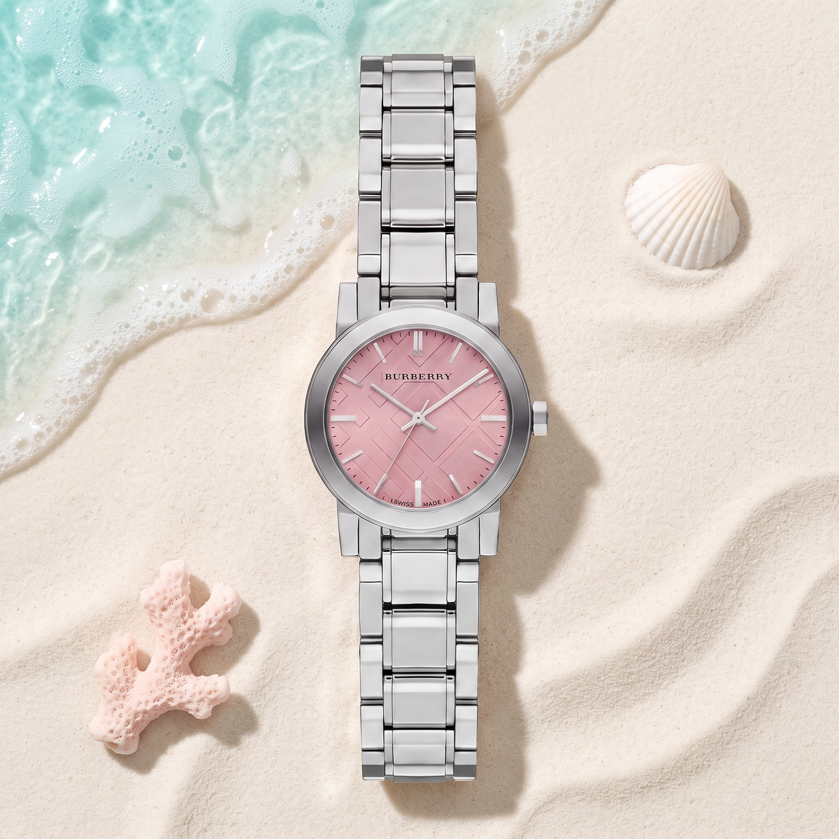 Montre Burberry The City Mini Rose, cadran rosé à motif check, boîtier acier, TIJD&CO
