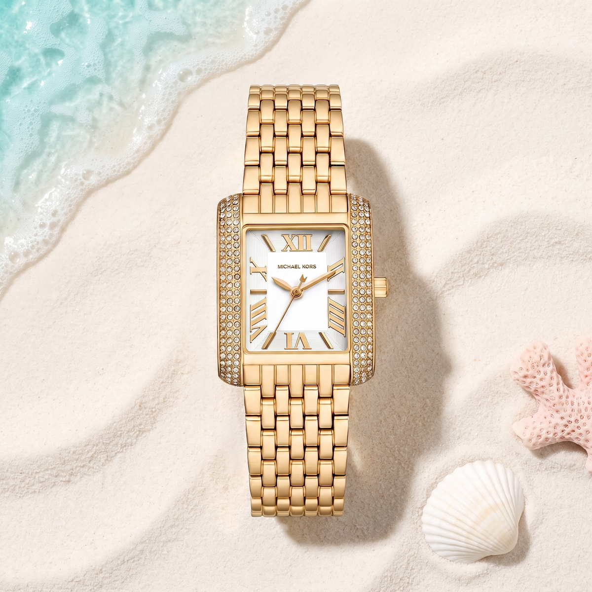 Montre Michael Kors Emery, boîtier rectangulaire doré, cadran blanc, TIJD&CO