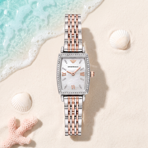 Montre Emporio Armani Diamond Bicolore, cadran argenté, bracelet or et acier, TIJD&CO