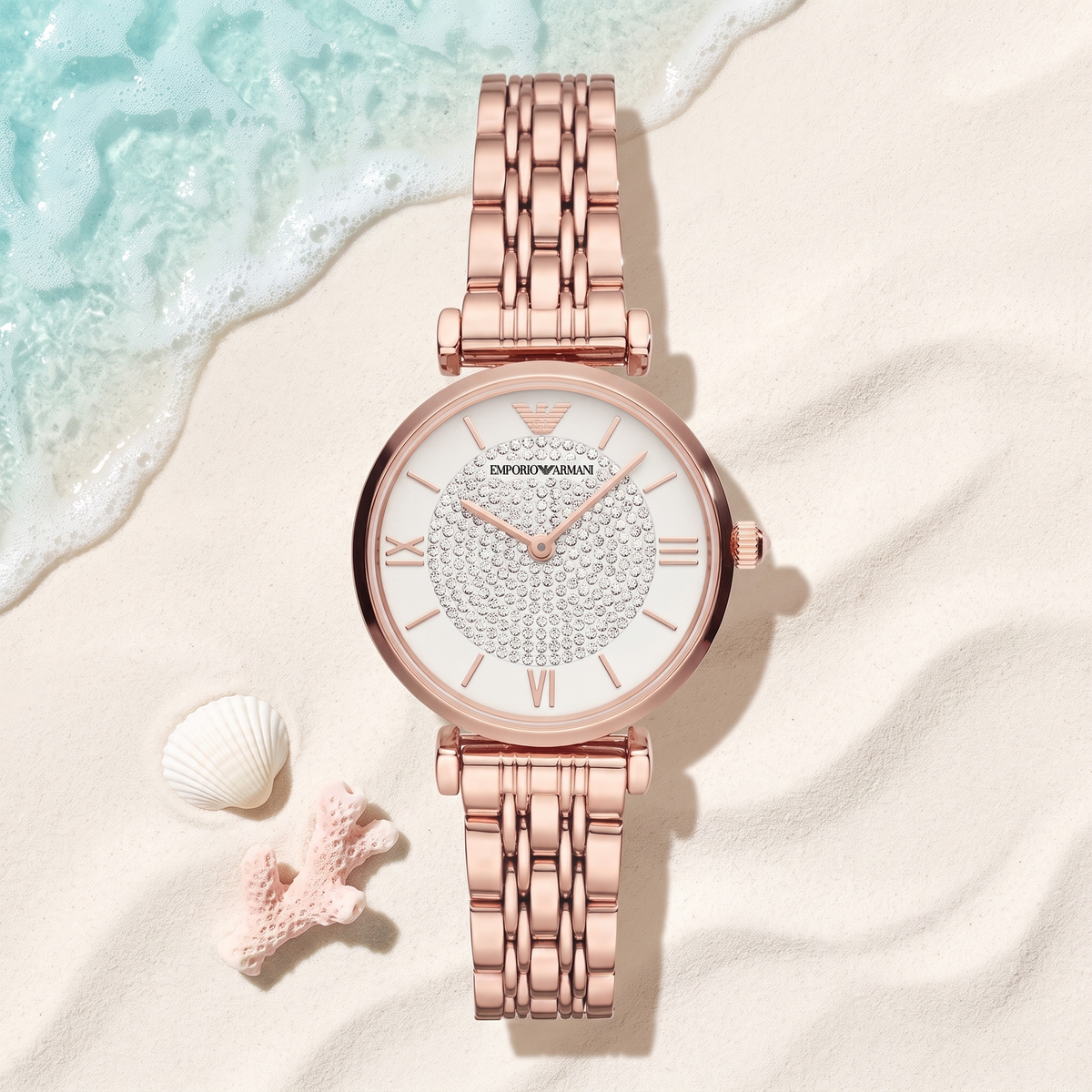 Montre Emporio Armani Gianni Rose, boîtier 32 mm or rosé, cadran épuré, TIJD&CO