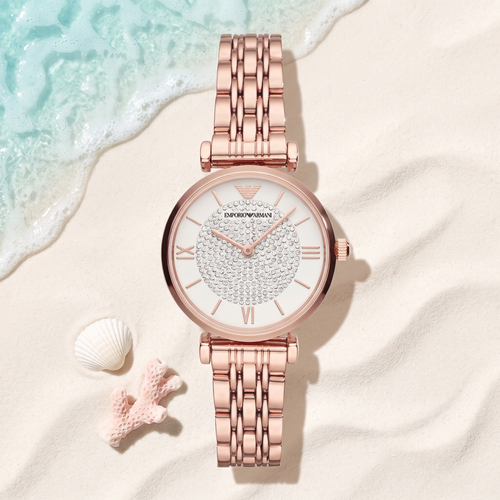 Montre Emporio Armani Gianni Rose, boîtier 32 mm or rosé, cadran épuré, TIJD&CO