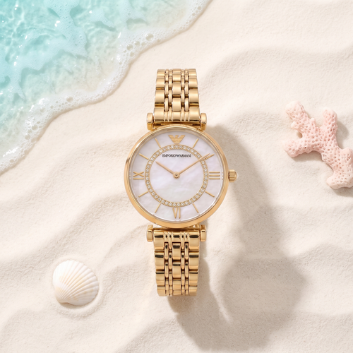 Montre Emporio Armani Gianni Gold, boîtier 32 mm doré, cadran épuré, TIJD&CO