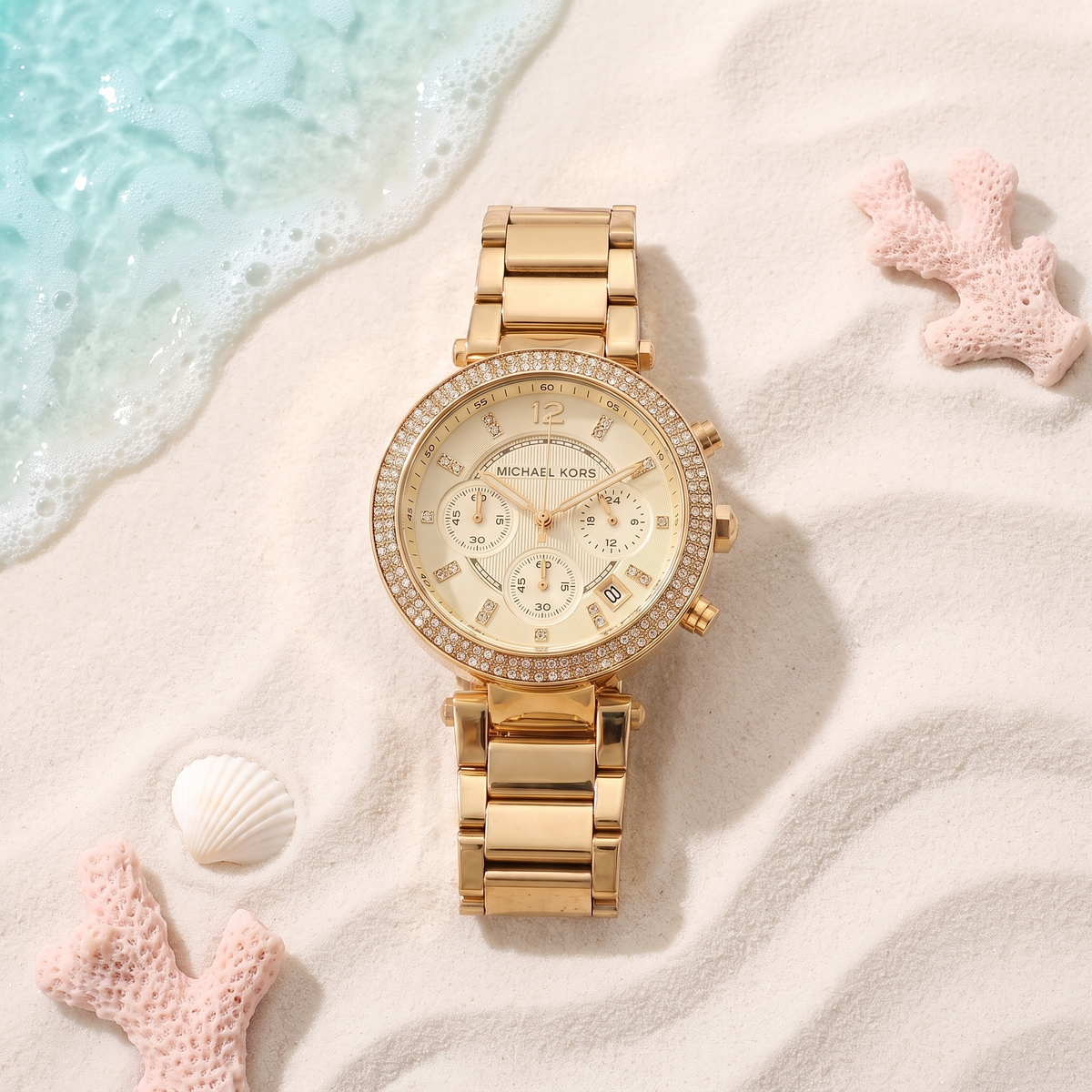 Montre Michael Kors Parker Gold, chronographe doré, lunette sertie de cristaux, TIJD&CO