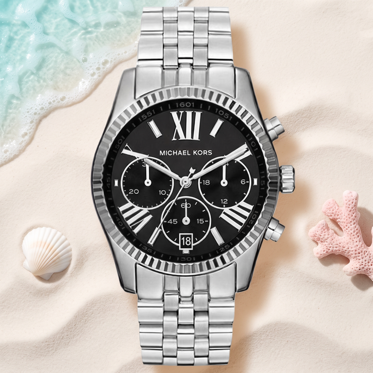 Montre Michael Kors Lexington Silver Black Dial, cadran noir à index dorés, boîtier 38 mm, TIJD&CO