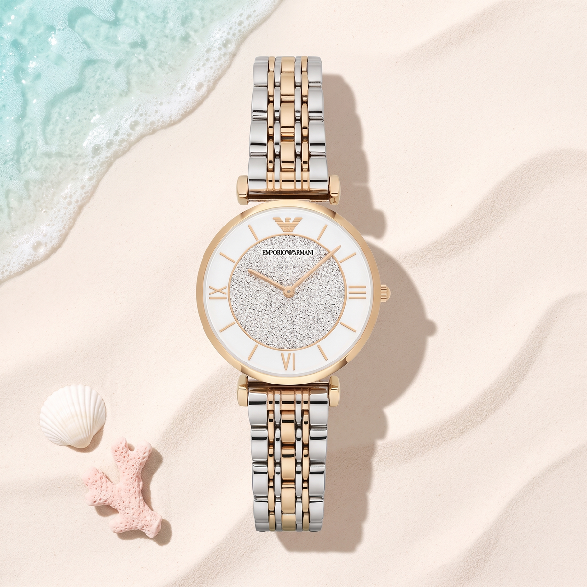Montre Emporio Armani Gianni Bicolore Gold, 32 mm, bracelet or et acier, TIJD&CO